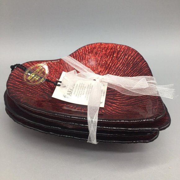 4 Akcam Red Glass Heart Appetizer Dessert Plate Dish Set Valentine Love Shimmer - Picture 7 of 7